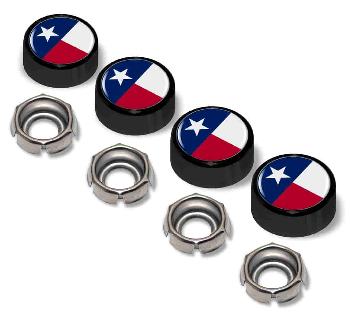 Texas Lone Star Flag License Plate Screw Caps - Black Metal Set of 4